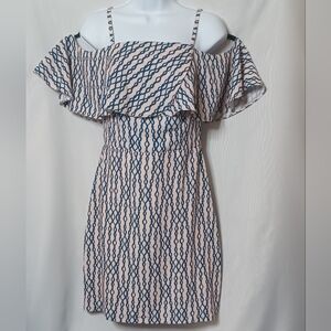 Vitoriana  Lt Peach/Blue Geometric Print Strap Off Shoulder Mini Dress. Size S